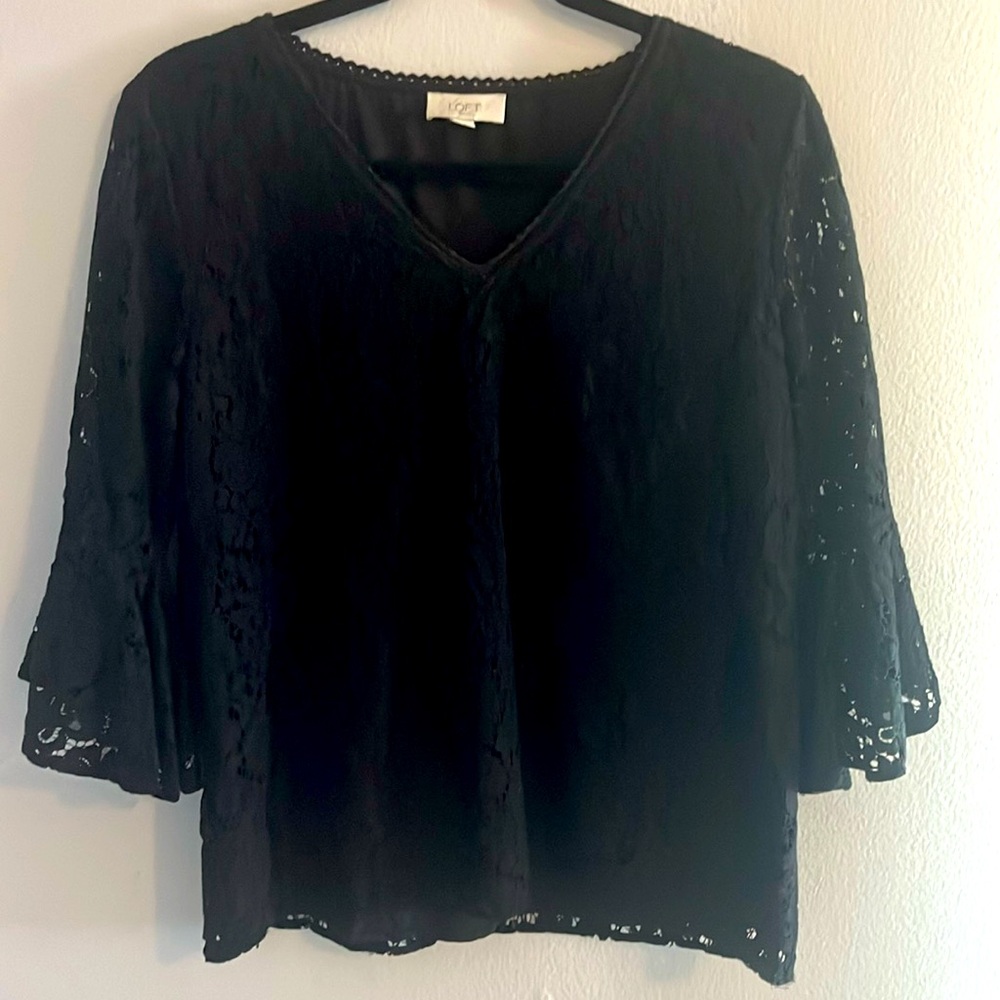Loft Outlet Black Lace/Eyelet shirt with ruffled bell sleeves and V-neck size S